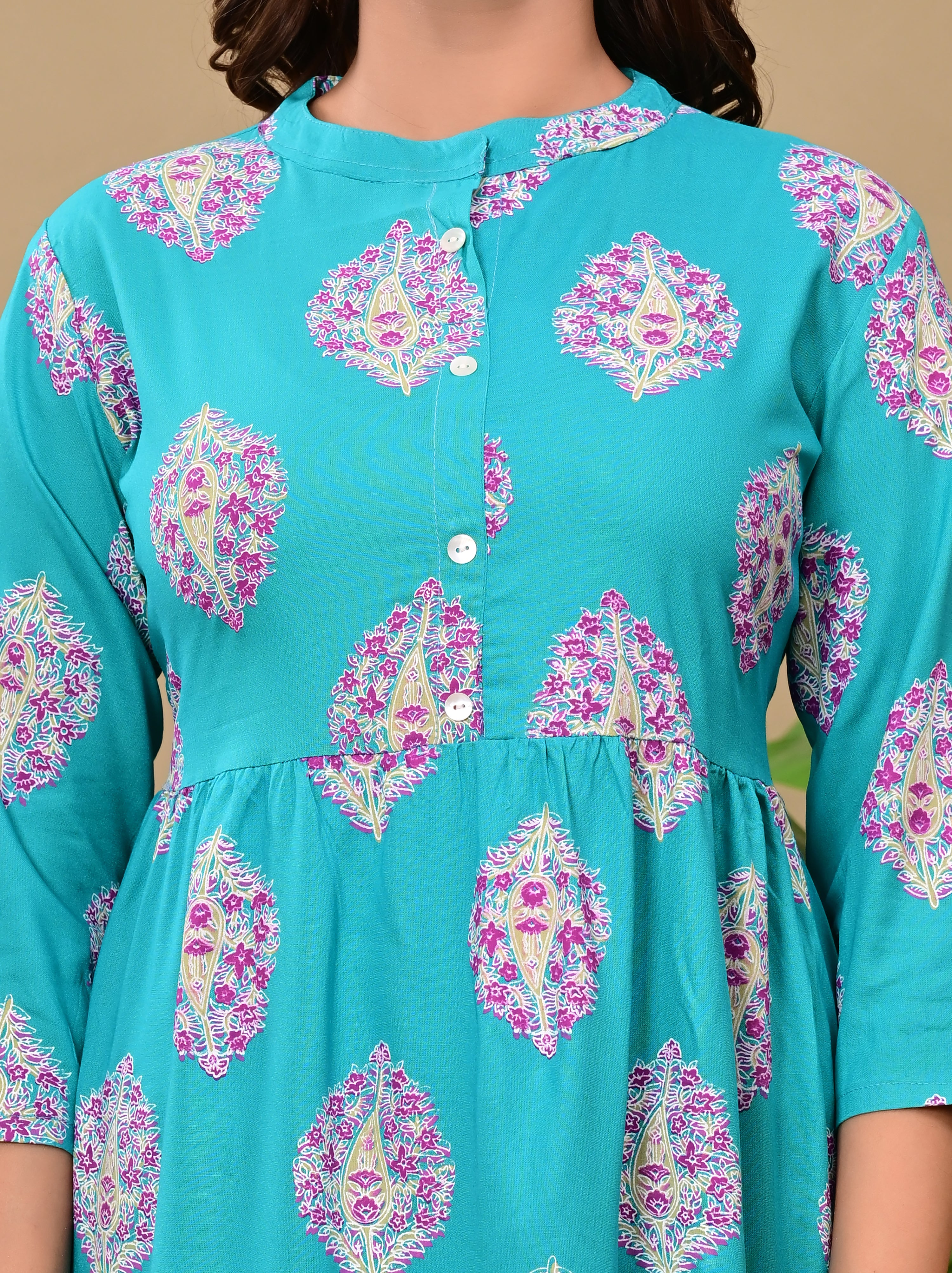 Women’s Teal Printed Tiered A-Line Midi Dress with 3/4 Sleeves