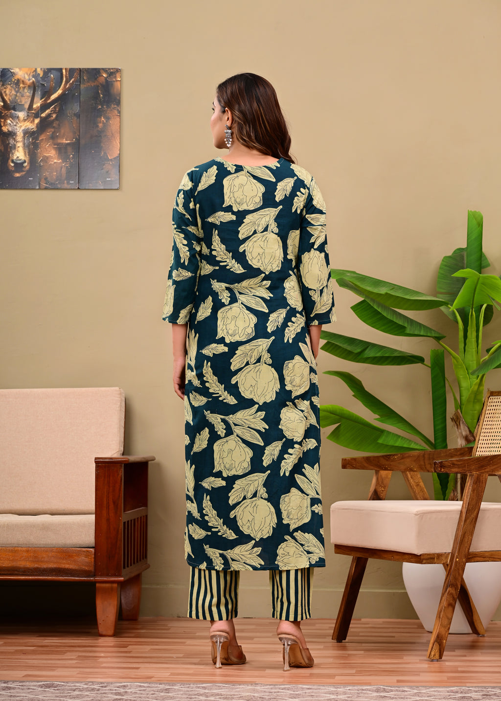 Teal Floral & Striped Handblock Print Kurta Set with Dupatta