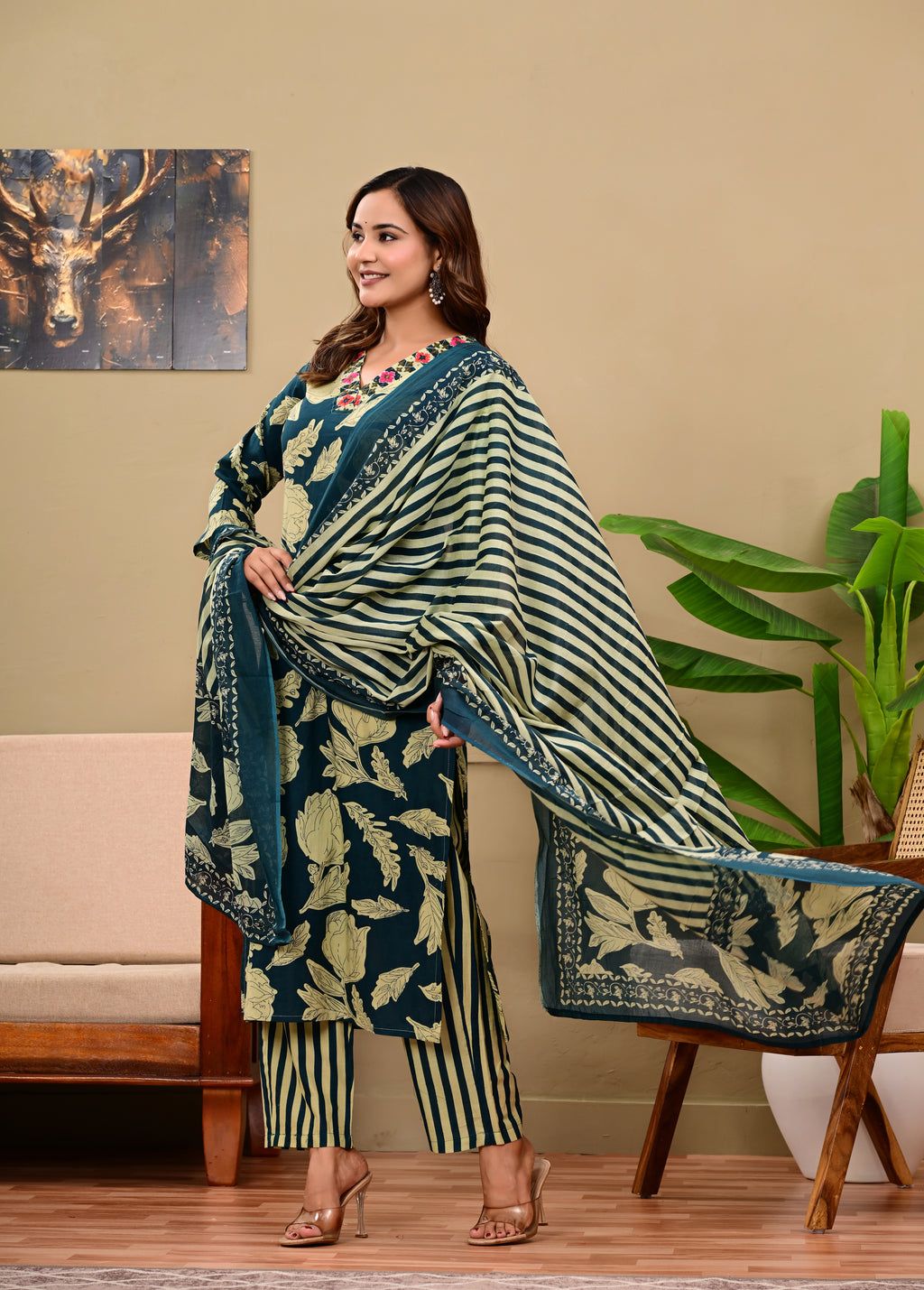 Teal Floral & Striped Handblock Print Kurta Set with Dupatta