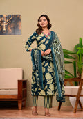 Teal Floral & Striped Handblock Print Kurta Set with Dupatta