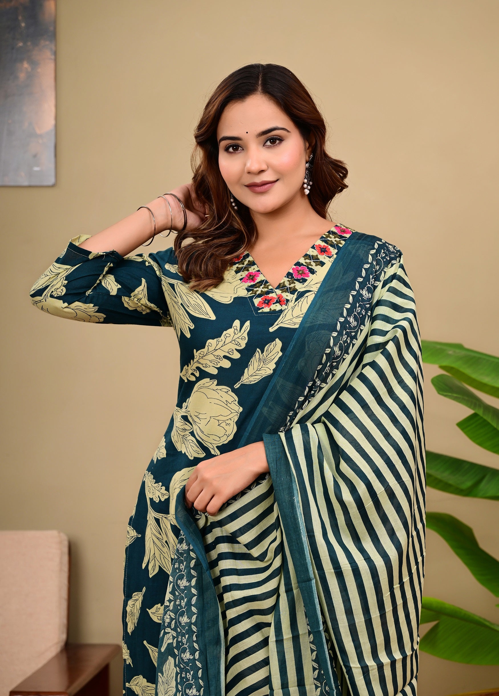 Teal Floral & Striped Handblock Print Kurta Set with Dupatta
