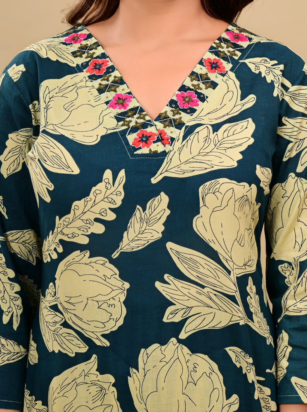 Teal Floral & Striped Handblock Print Kurta Set with Dupatta