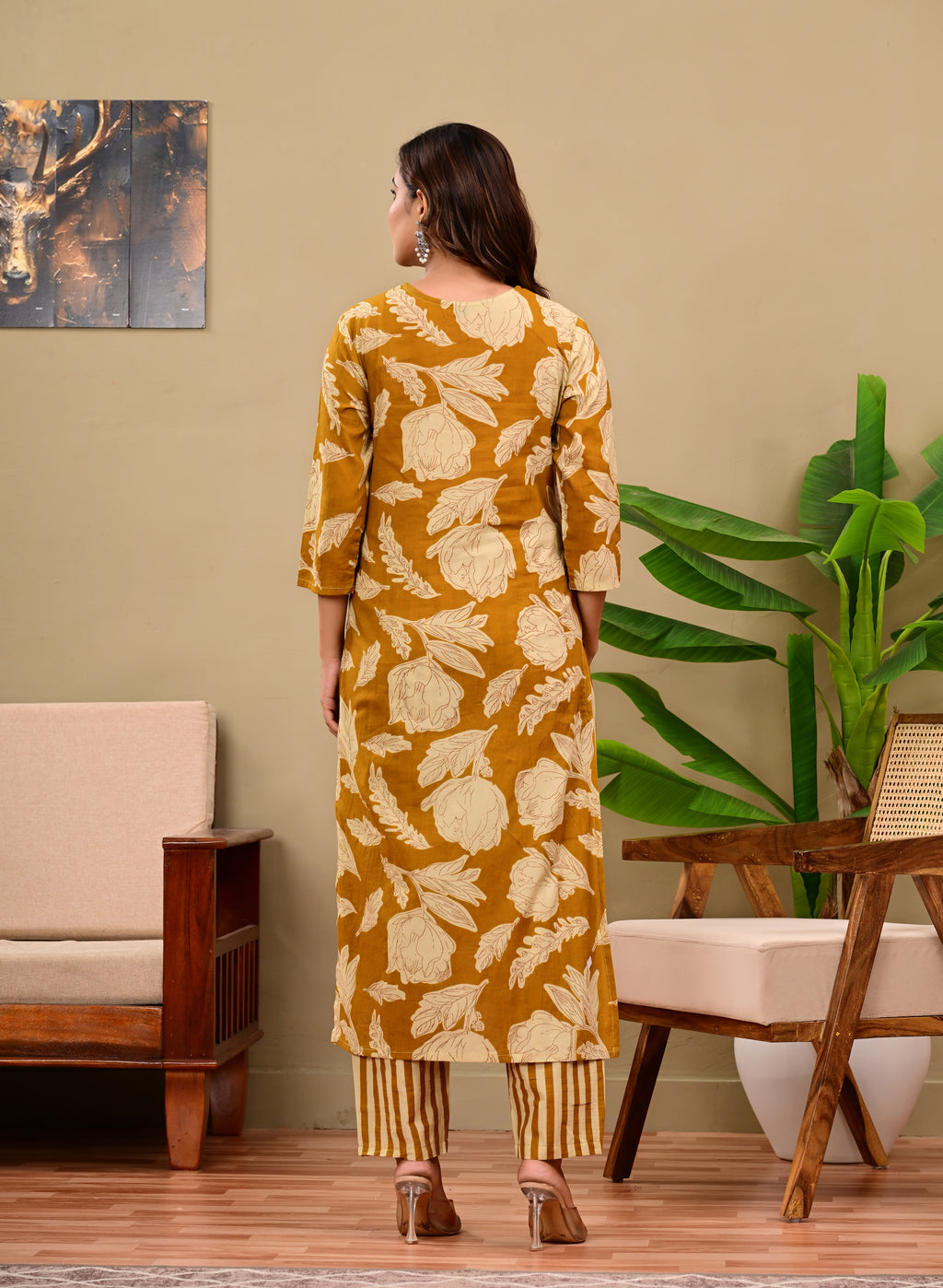 Mustard Yellow Floral & Striped Handblock Printed Kurta Set with Dupatta