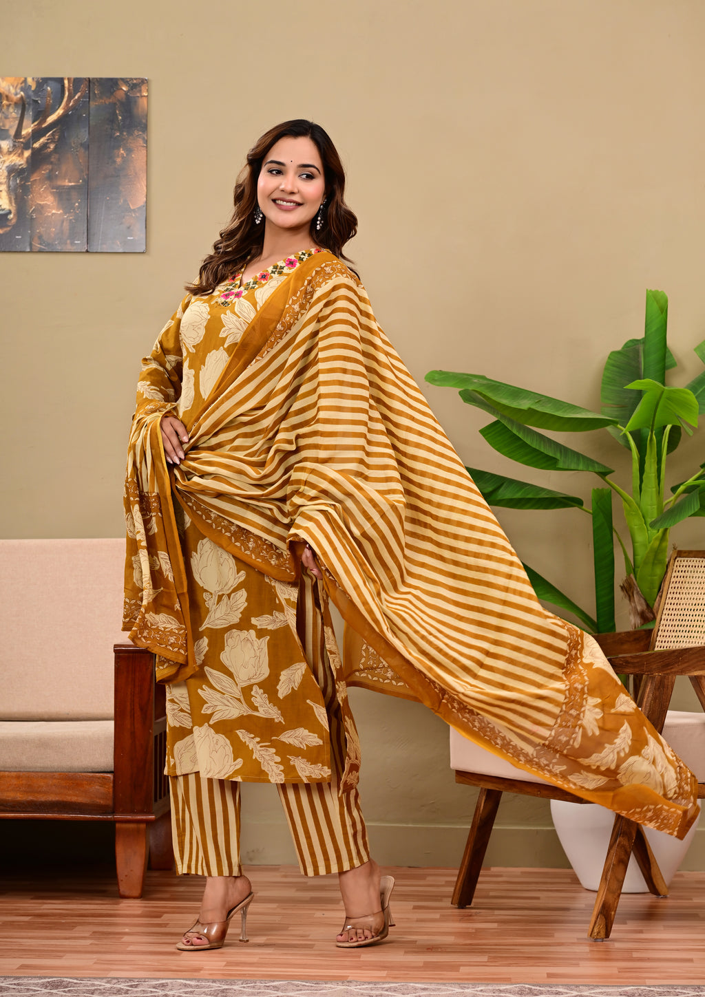 Mustard Yellow Floral & Striped Handblock Printed Kurta Set with Dupatta