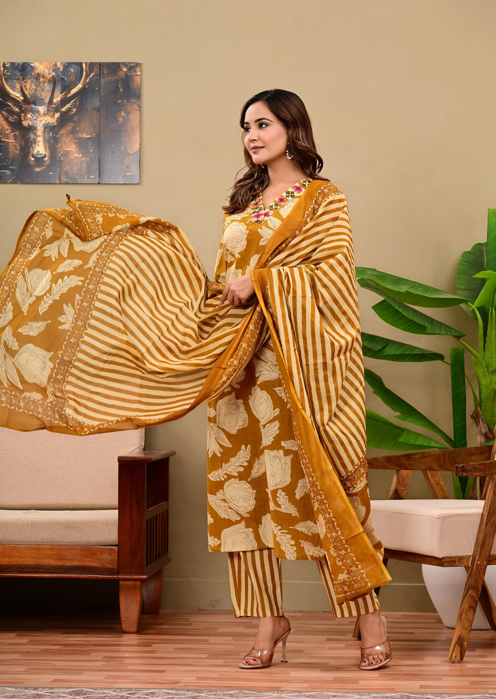 Mustard Yellow Floral & Striped Handblock Printed Kurta Set with Dupatta