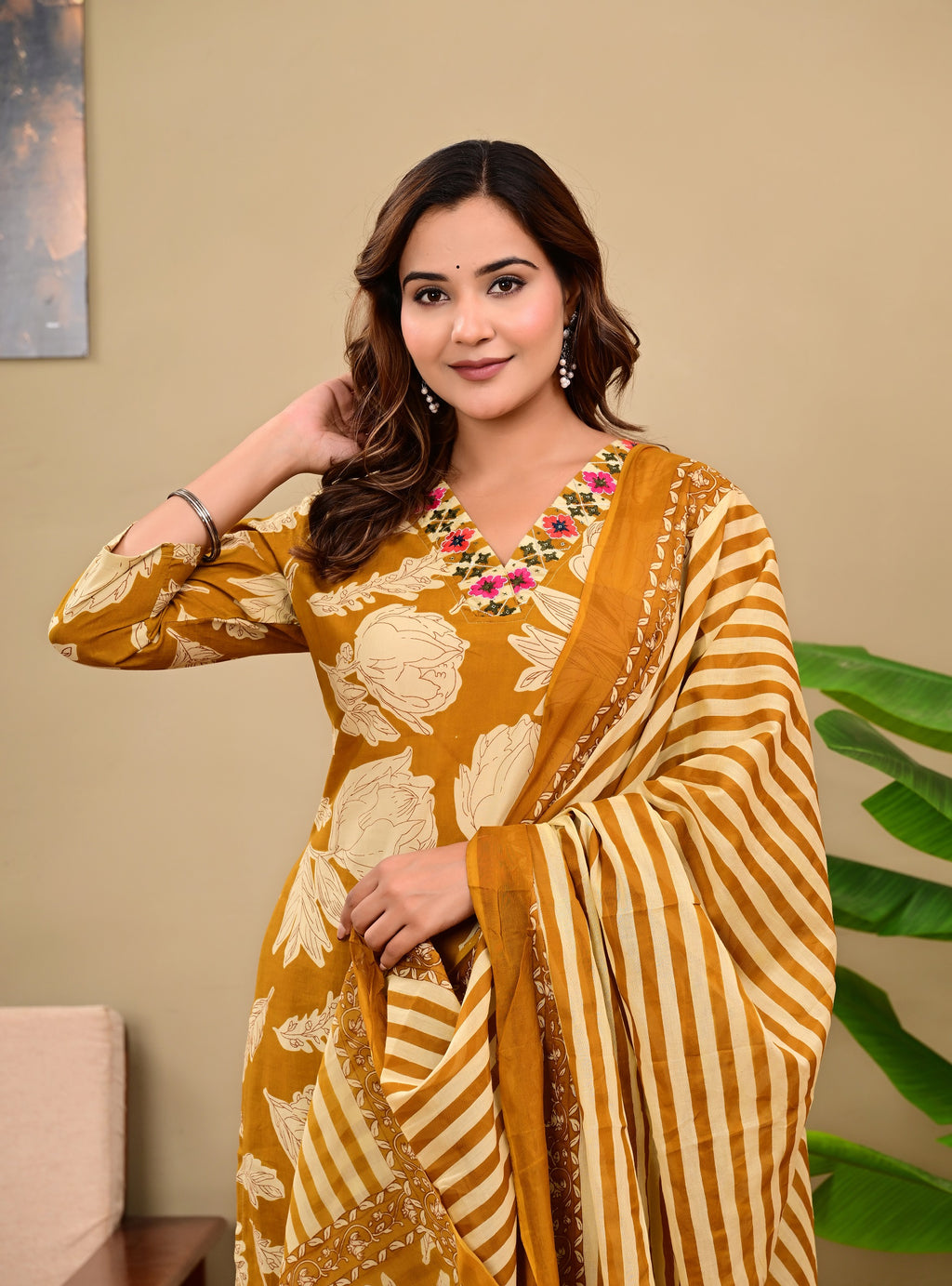 Mustard Yellow Floral & Striped Handblock Printed Kurta Set with Dupatta