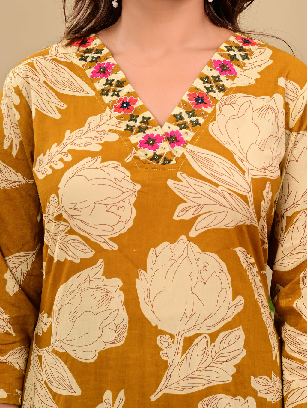 Mustard Yellow Floral & Striped Handblock Printed Kurta Set with Dupatta