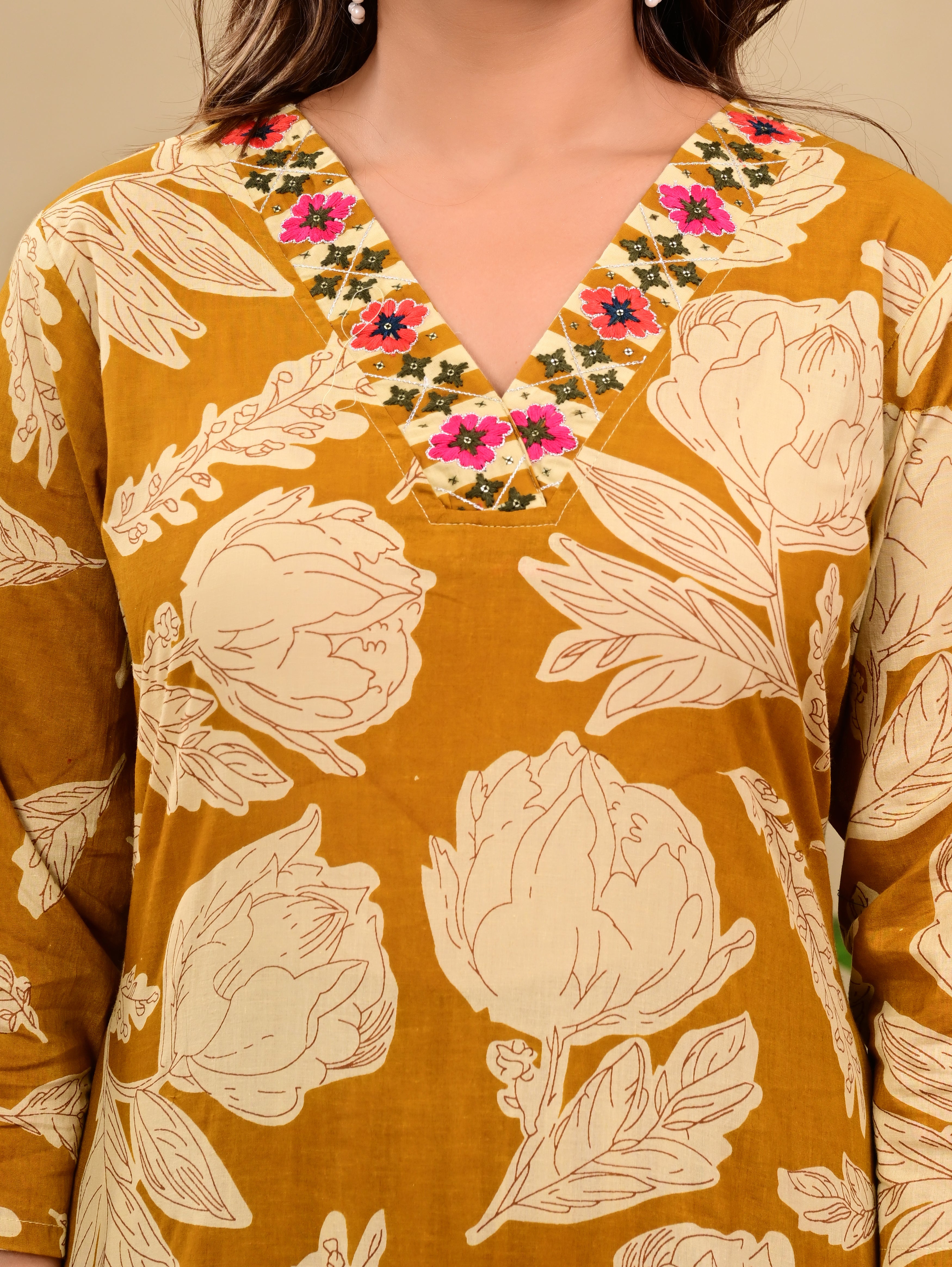 Mustard Yellow Floral & Striped Handblock Printed Kurta Set with Dupatta