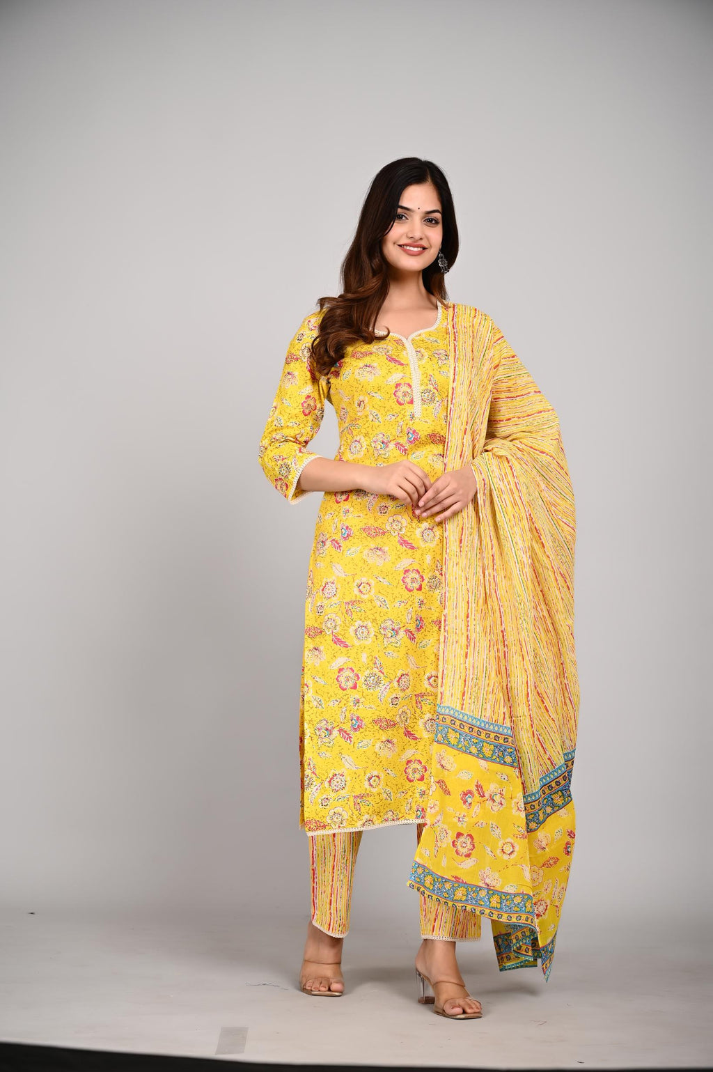 Women’s Yellow Floral Printed Kurta Pant with Dupatta Set