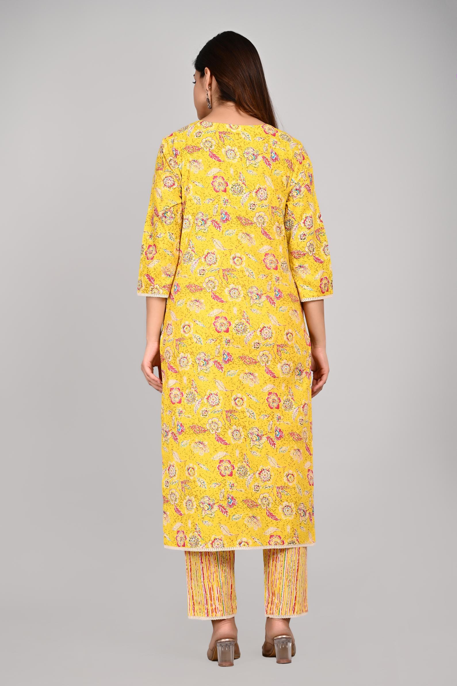 Women’s Yellow Floral Printed Kurta Pant with Dupatta Set