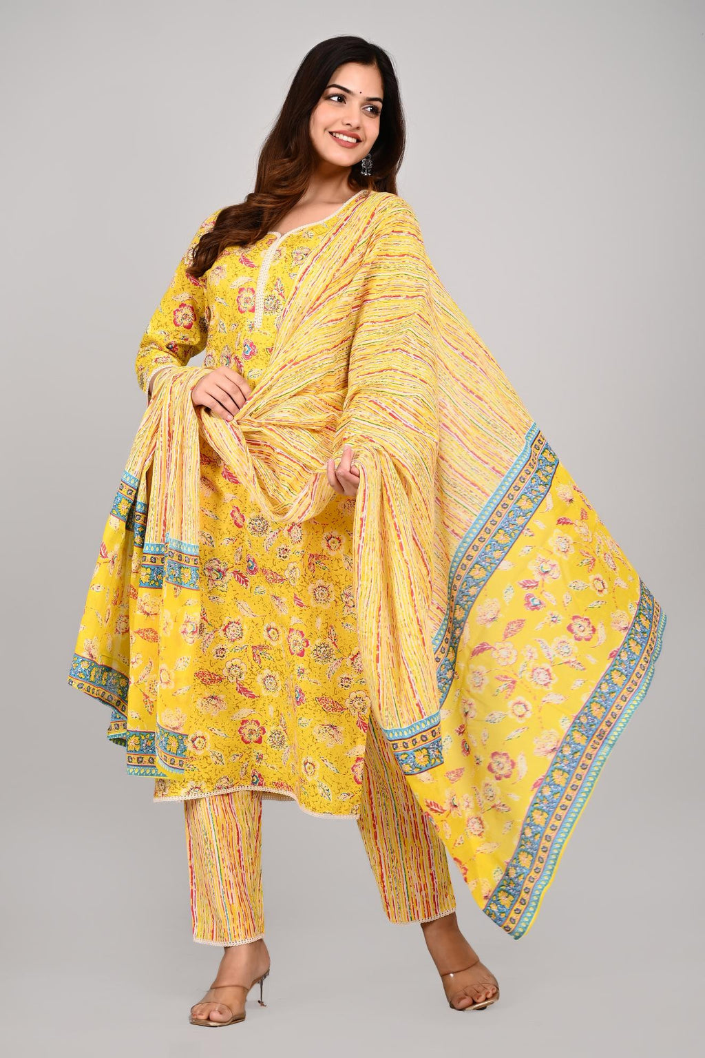 Women’s Yellow Floral Printed Kurta Pant with Dupatta Set