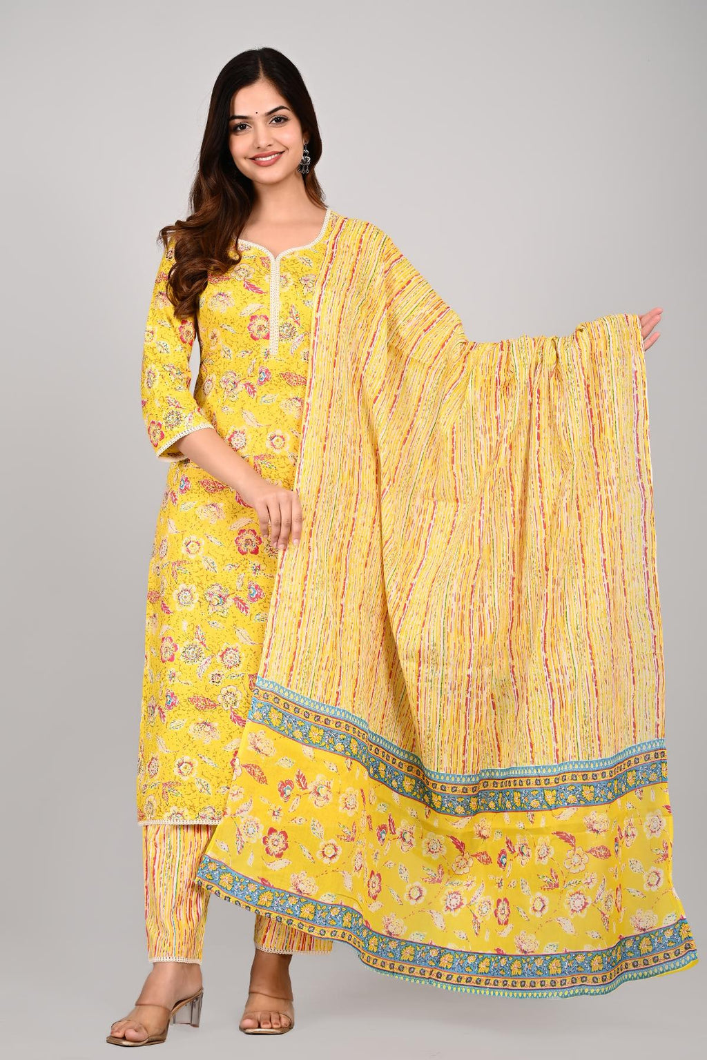 Women’s Yellow Floral Printed Kurta Pant with Dupatta Set