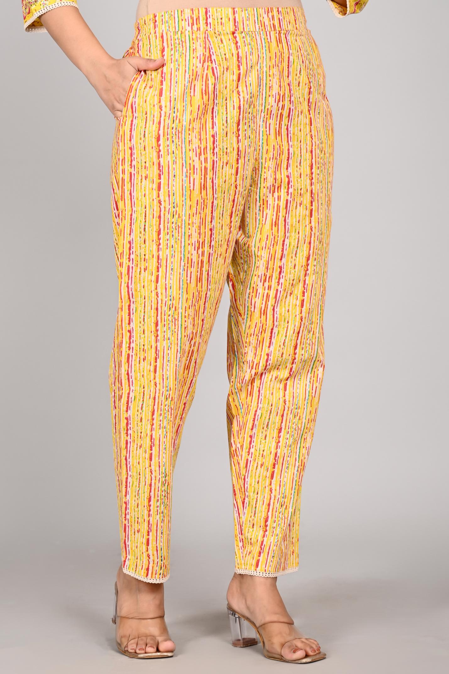 Women’s Yellow Floral Printed Kurta Pant with Dupatta Set