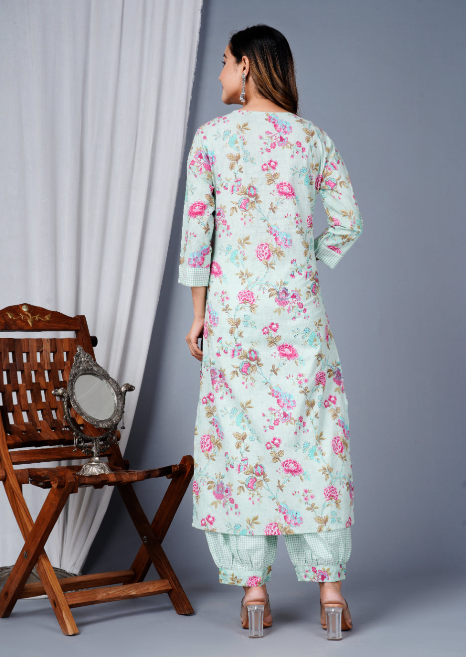Floral Cotton Kurta with Afghan Salwar & Dupatta