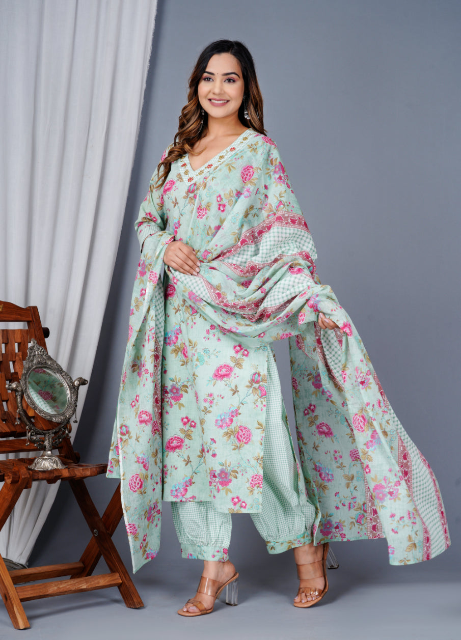 Floral Cotton Kurta with Afghan Salwar & Dupatta