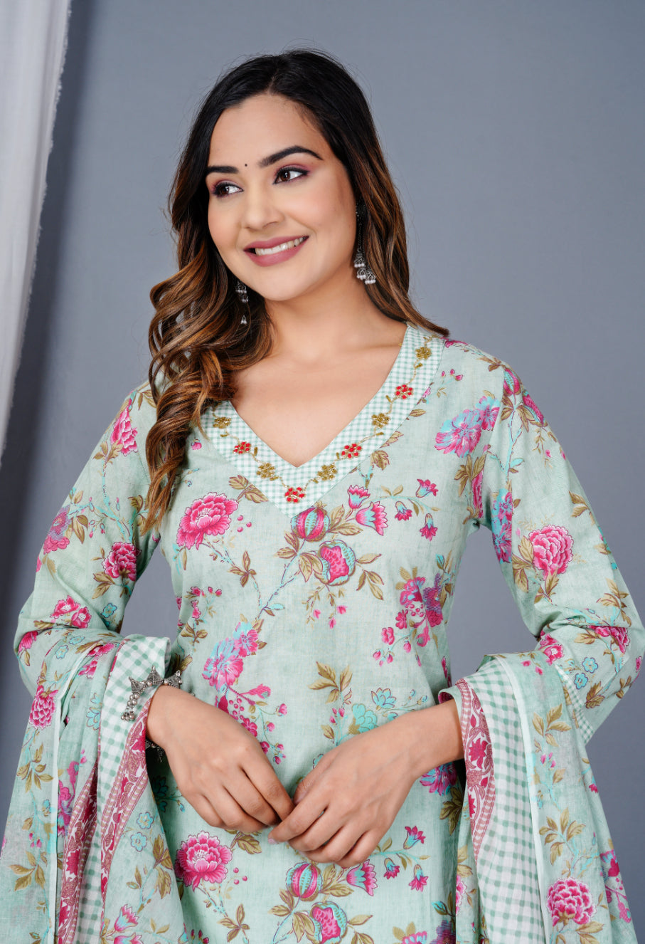 Floral Cotton Kurta with Afghan Salwar & Dupatta
