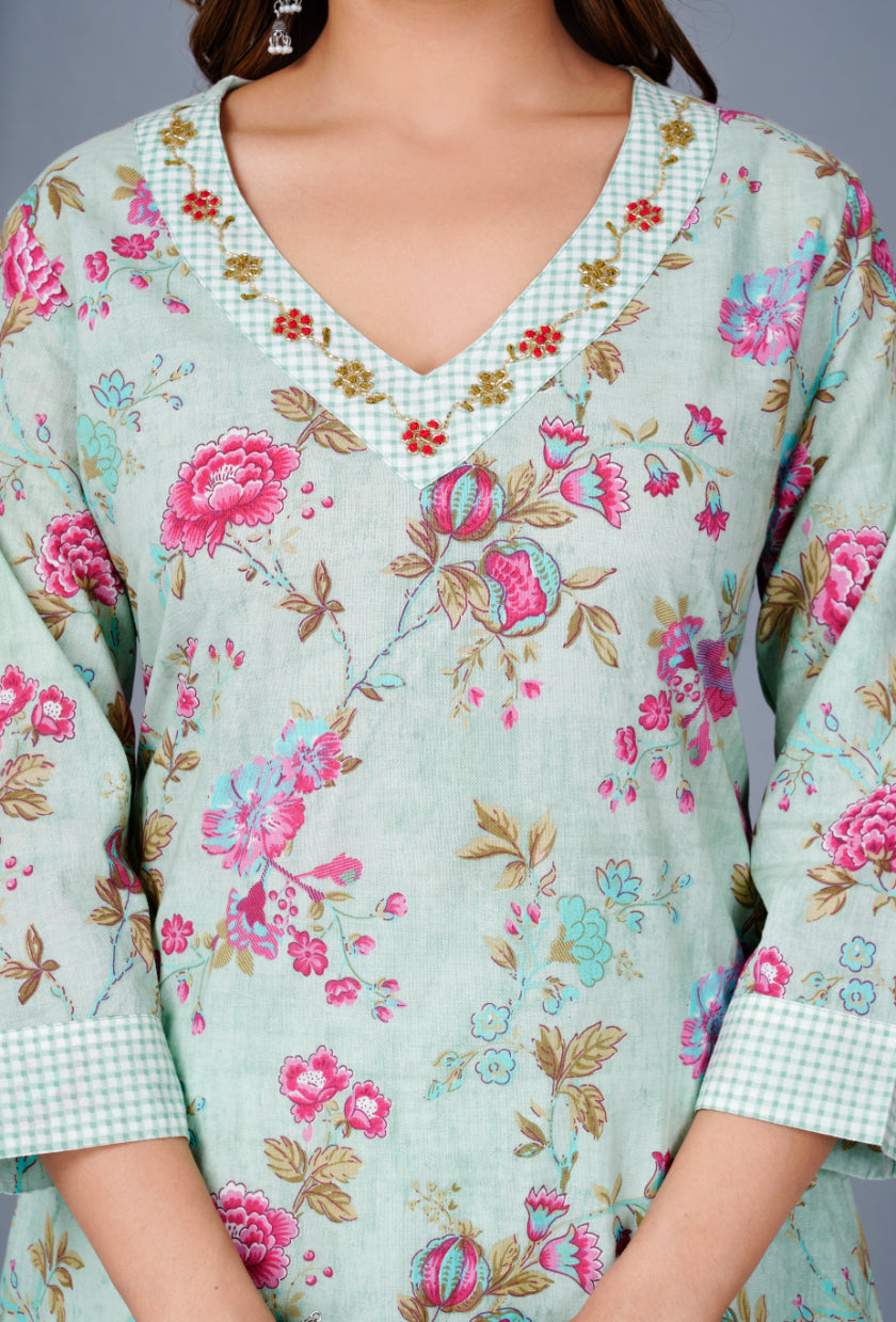 Floral Cotton Kurta with Afghan Salwar & Dupatta