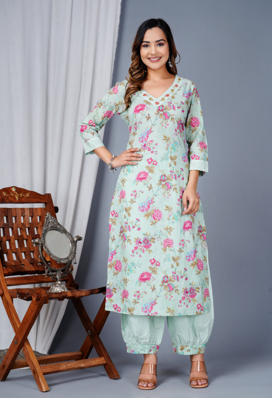 Floral Cotton Kurta with Afghan Salwar & Dupatta
