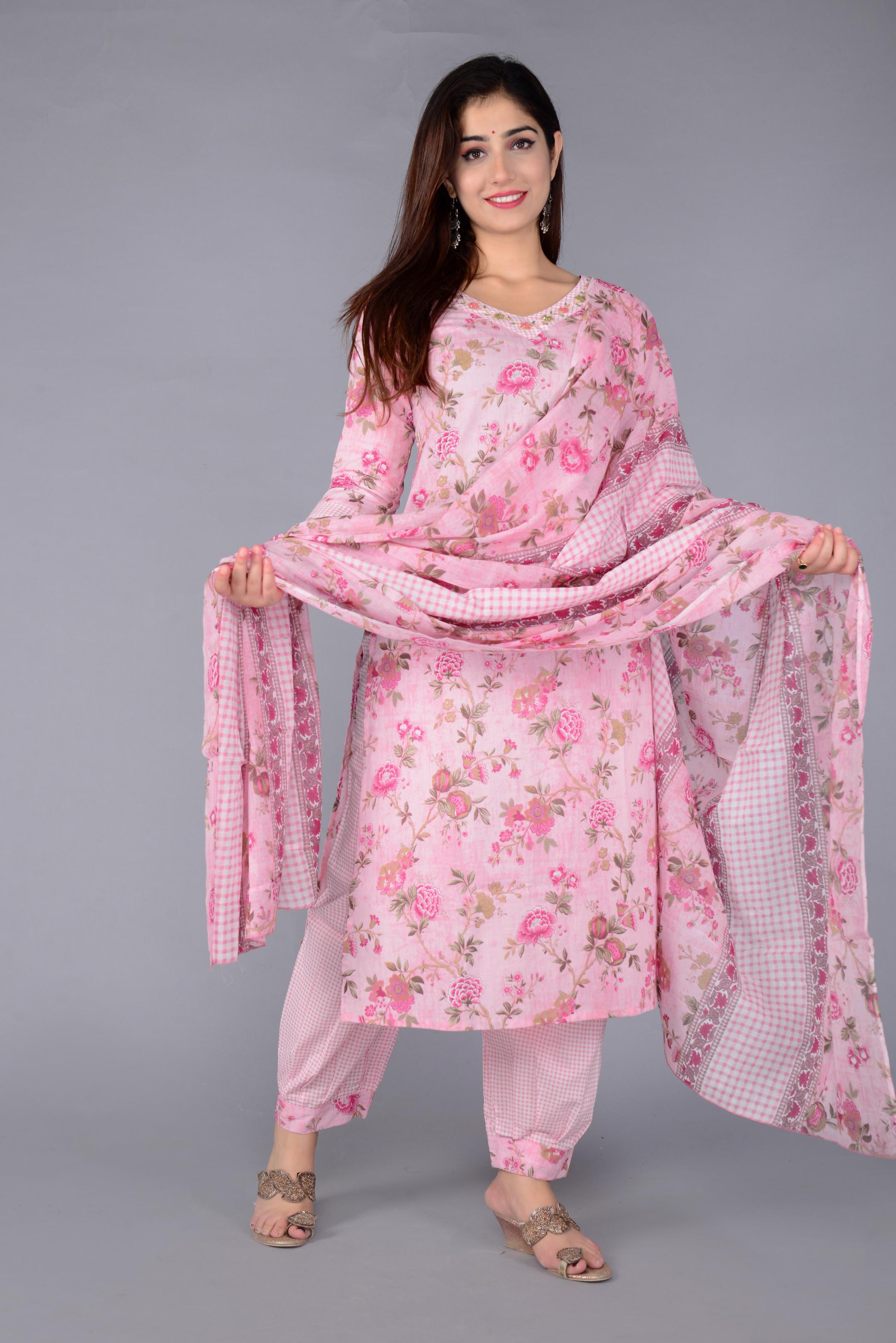Pink Floral Printed Kurta Set with Afghan Salwar & Matching Dupatta