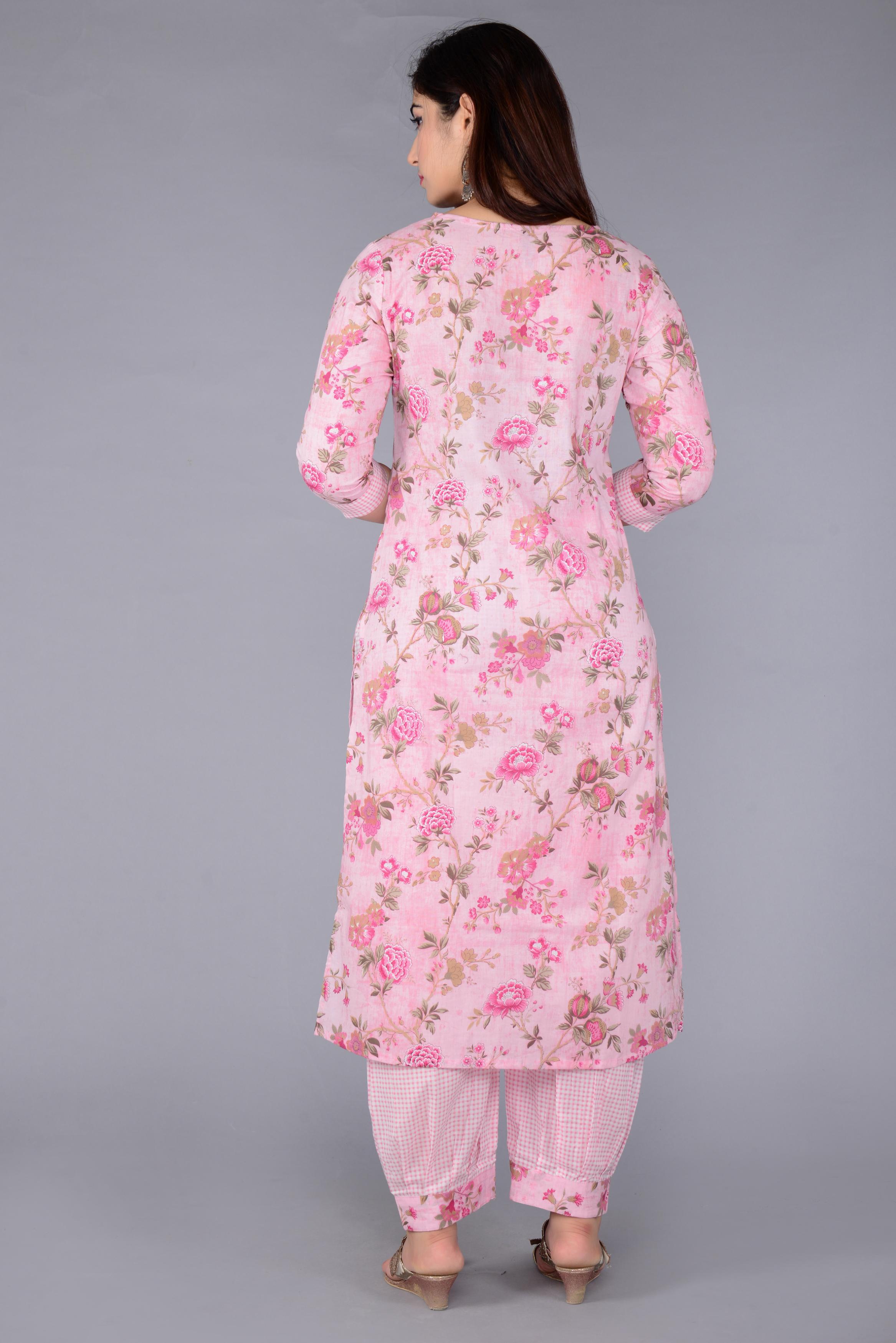 Pink Floral Printed Kurta Set with Afghan Salwar & Matching Dupatta