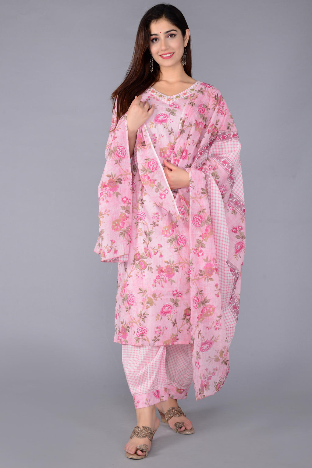 Pink Floral Printed Kurta Set with Afghan Salwar & Matching Dupatta