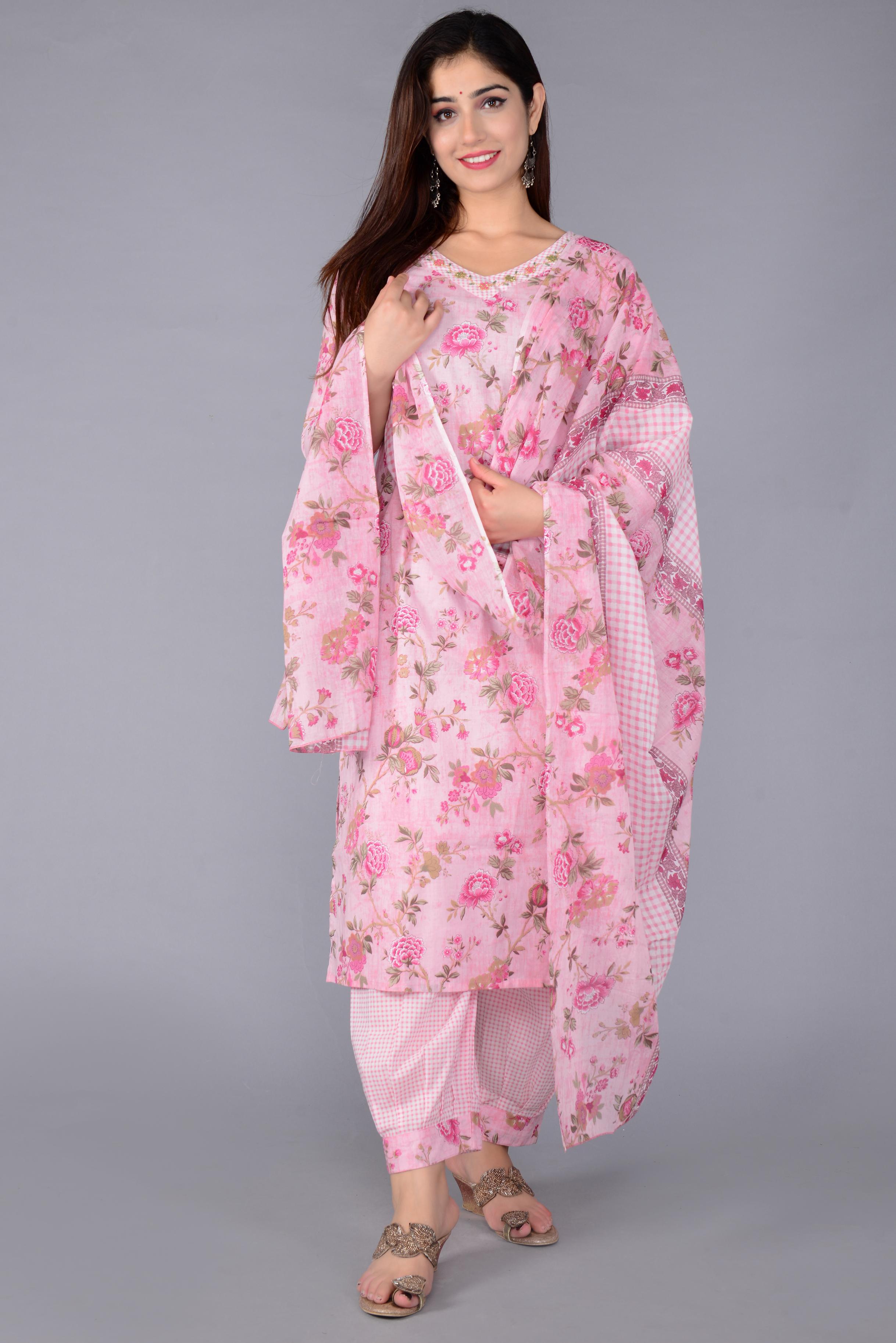 Pink Floral Printed Kurta Set with Afghan Salwar & Matching Dupatta