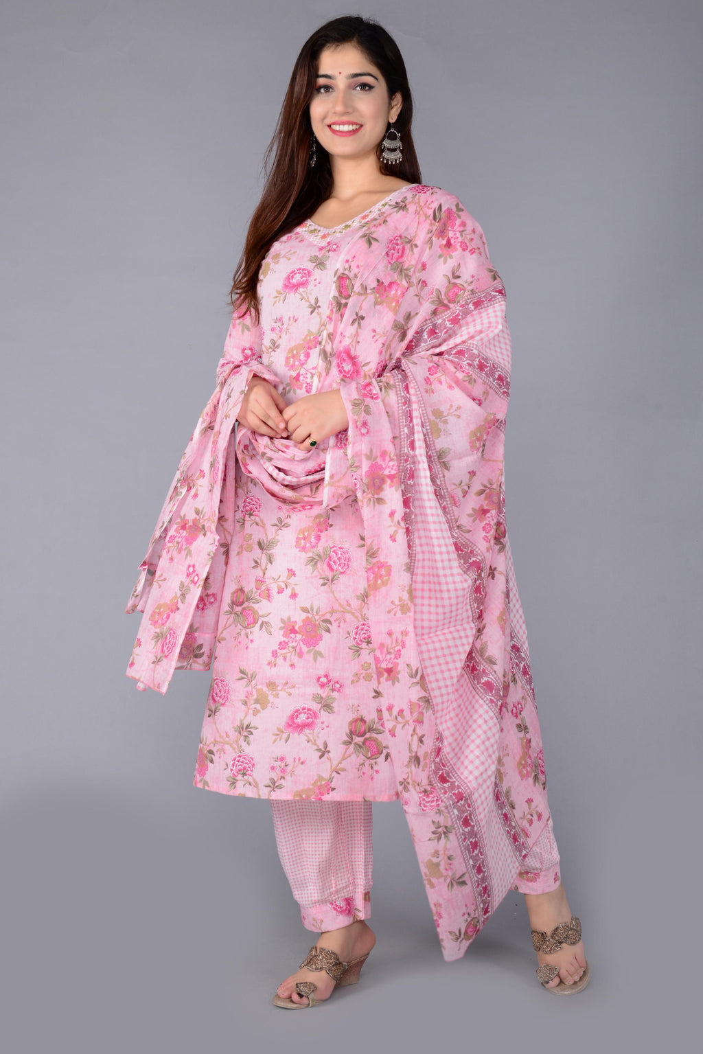 Pink Floral Printed Kurta Set with Afghan Salwar & Matching Dupatta