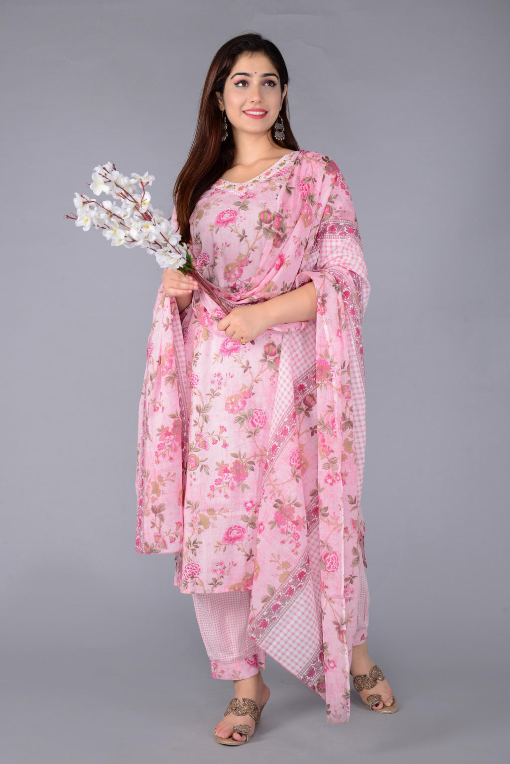 Pink Floral Printed Kurta Set with Afghan Salwar & Matching Dupatta