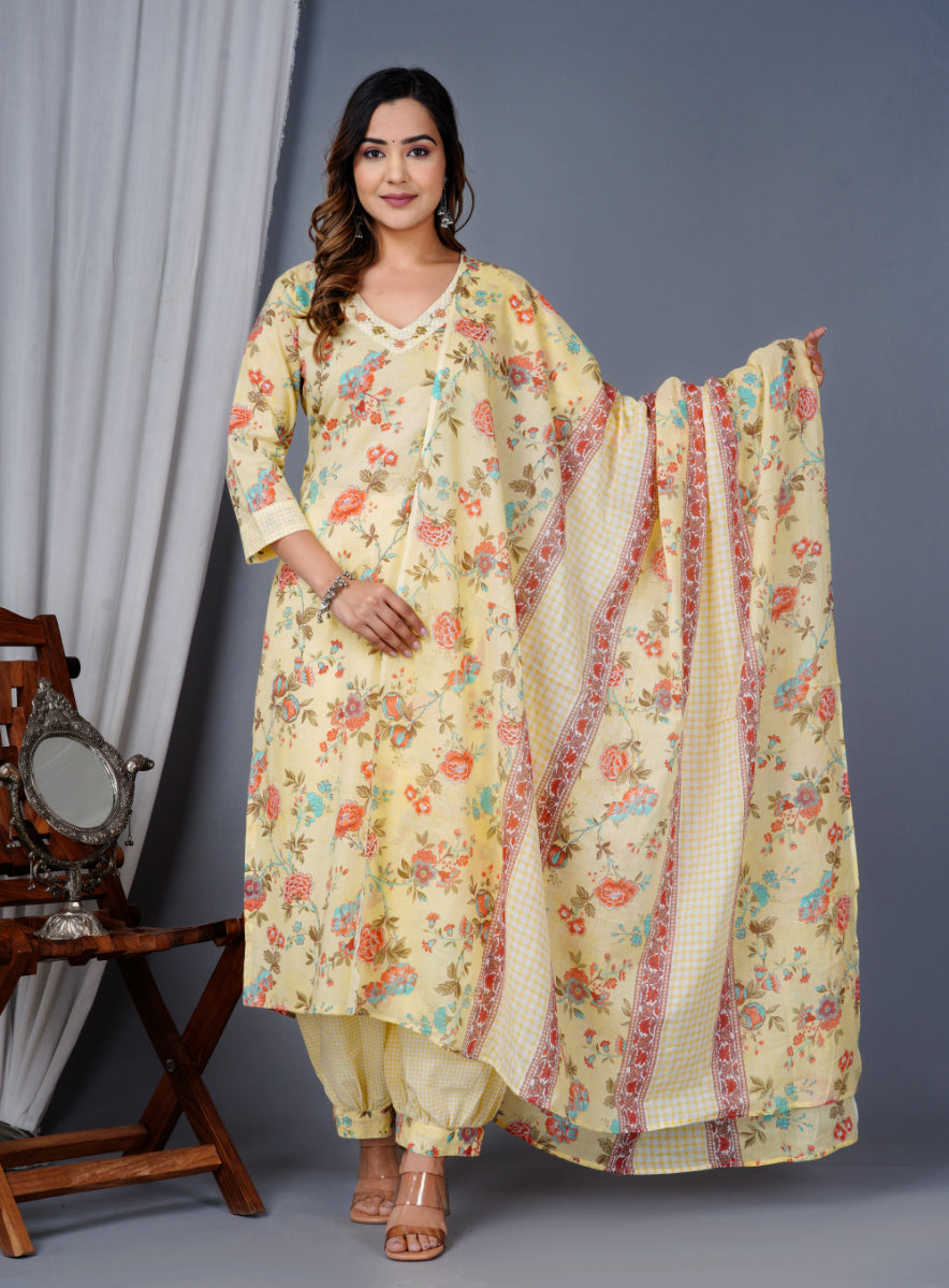 Pastel Yellow Floral Printed Kurta Set with Afghan Salwar & Dupatta