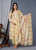 Pastel Yellow Floral Printed Kurta Set with Afghan Salwar & Dupatta