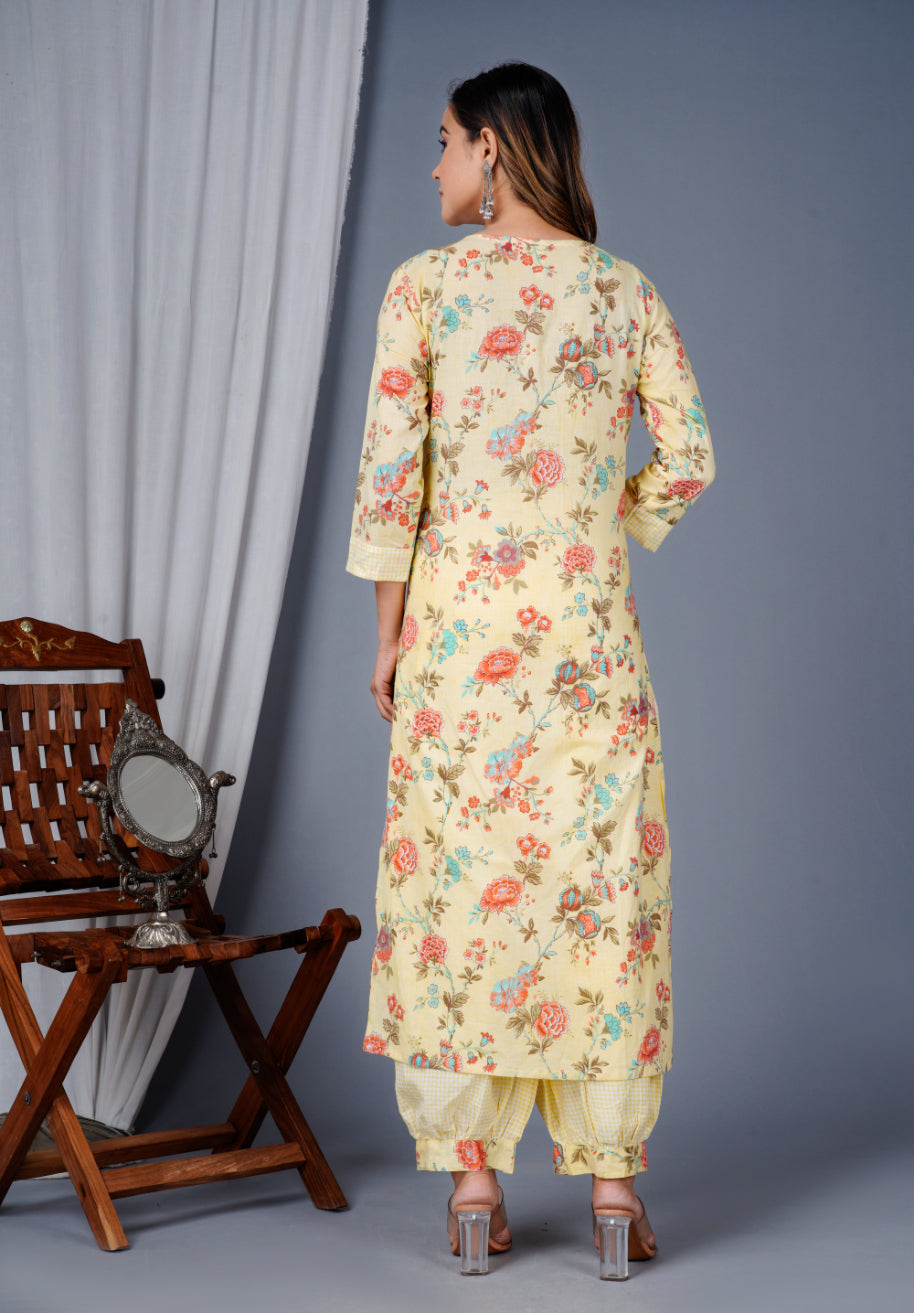 Pastel Yellow Floral Printed Kurta Set with Afghan Salwar & Dupatta