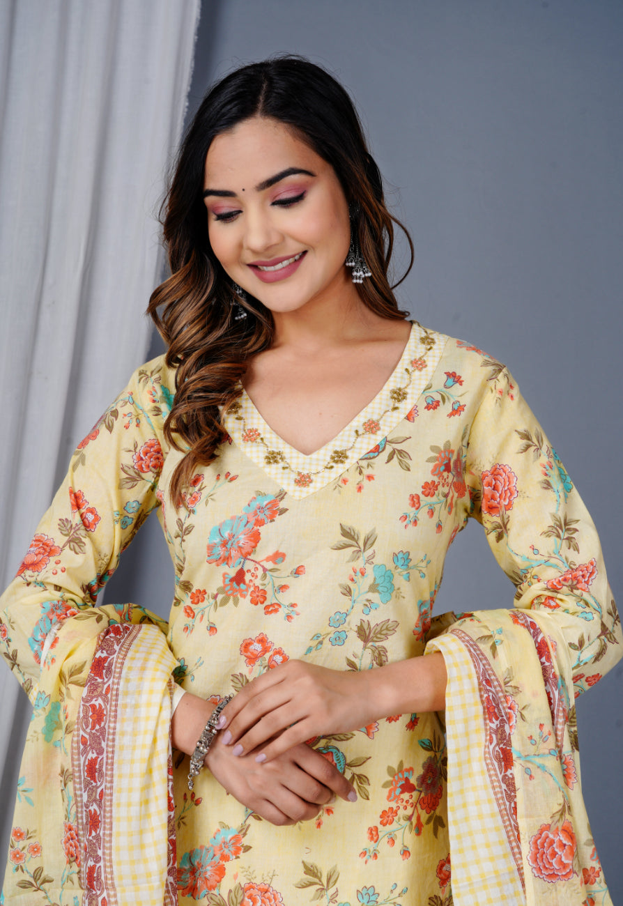 Pastel Yellow Floral Printed Kurta Set with Afghan Salwar & Dupatta