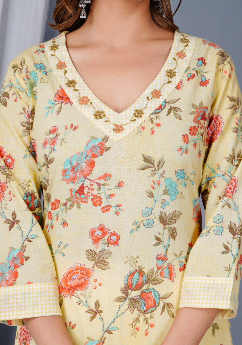 Pastel Yellow Floral Printed Kurta Set with Afghan Salwar & Dupatta