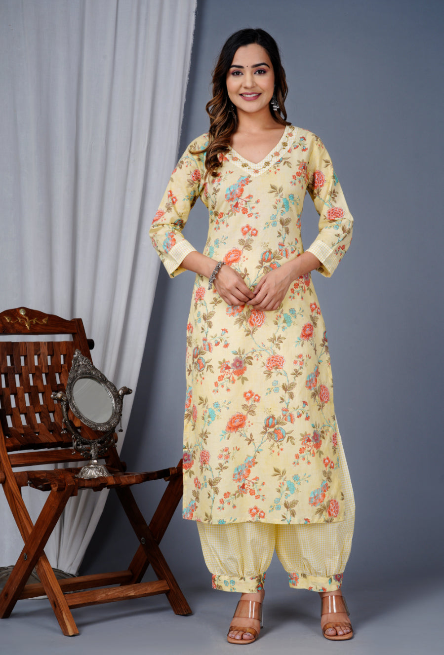 Pastel Yellow Floral Printed Kurta Set with Afghan Salwar & Dupatta