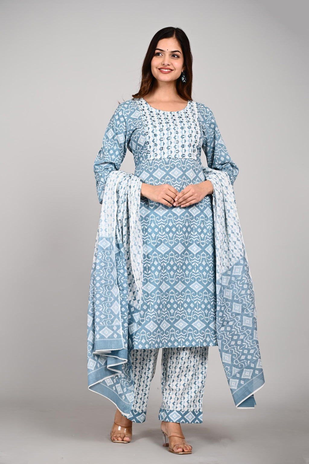 Blue & White Printed Cotton Kurta Set with Dupatta for Women