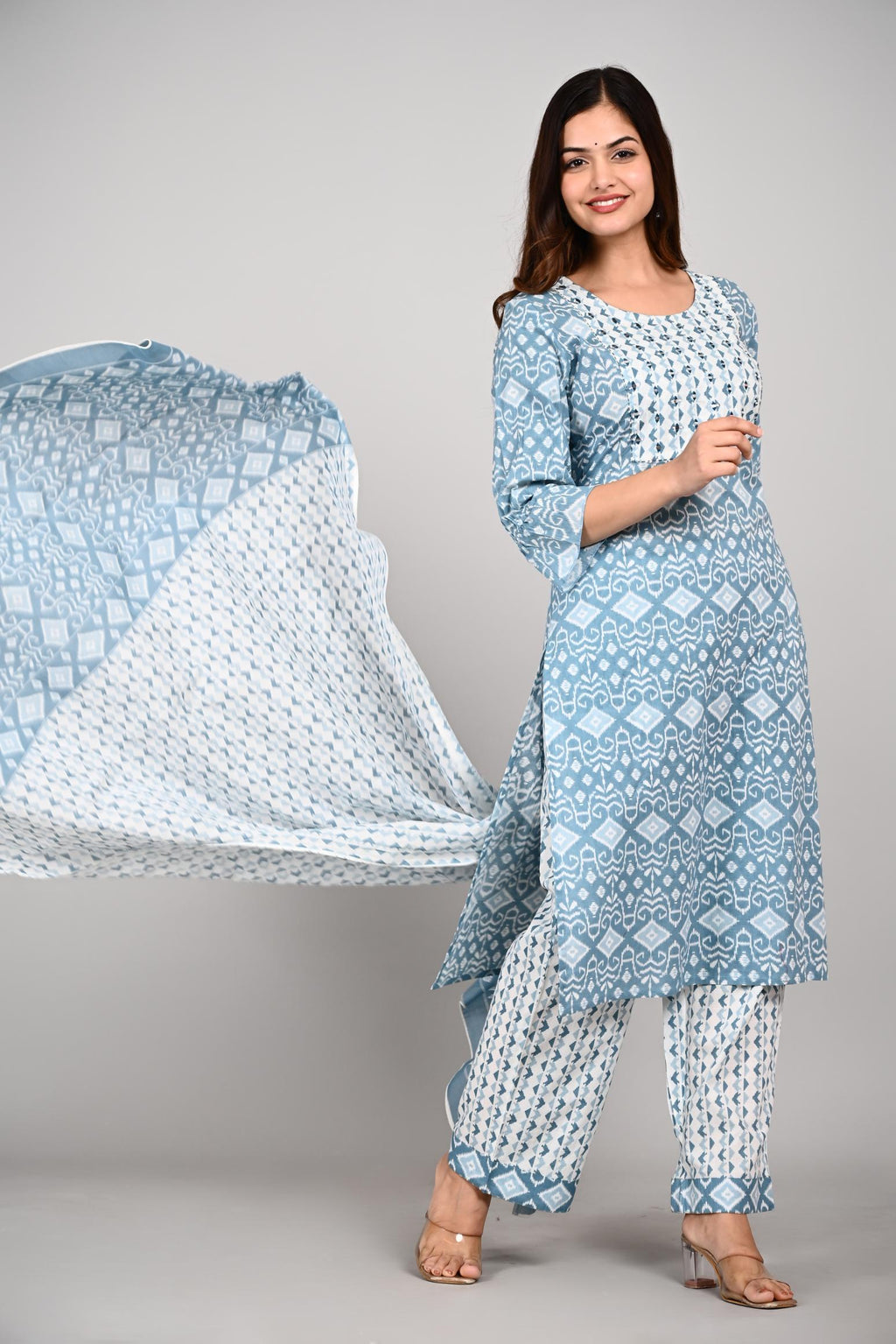 Blue & White Printed Cotton Kurta Set with Dupatta for Women
