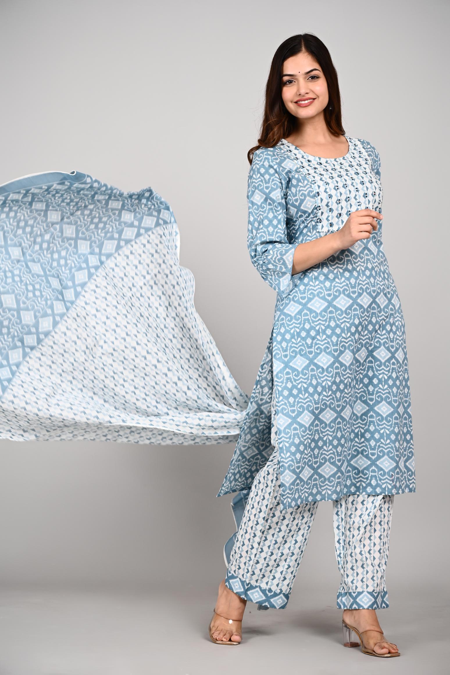 Blue & White Printed Cotton Kurta Set with Dupatta for Women