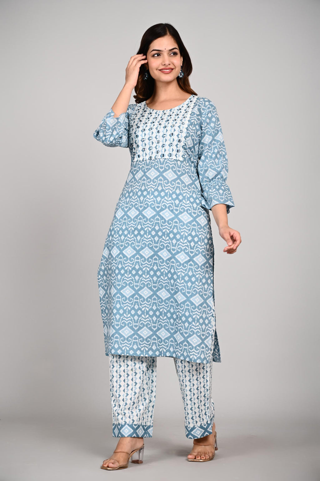 Blue & White Printed Cotton Kurta Set with Dupatta for Women