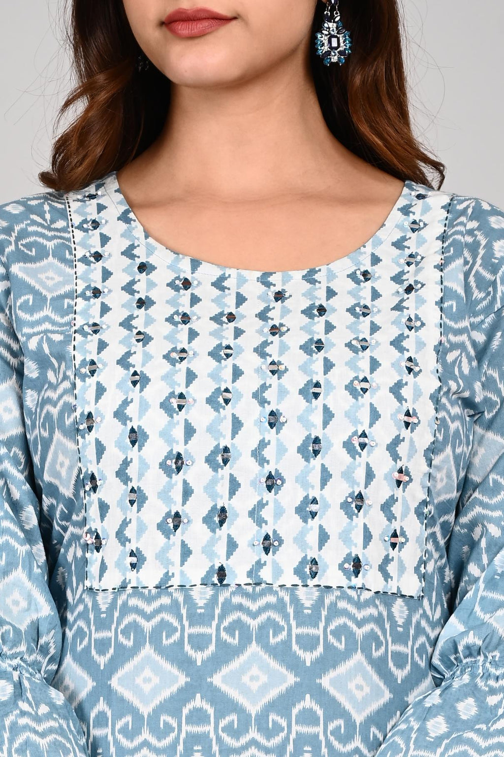 Blue & White Printed Cotton Kurta Set with Dupatta for Women