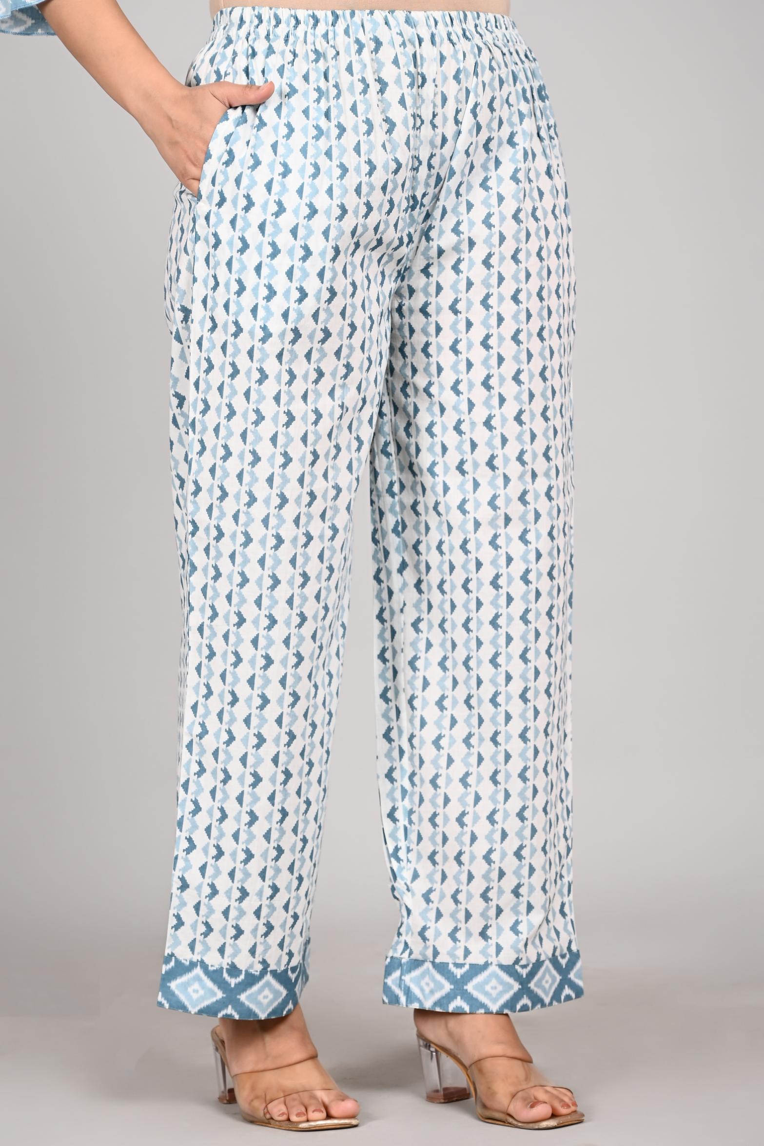 Blue & White Printed Cotton Kurta Set with Dupatta for Women