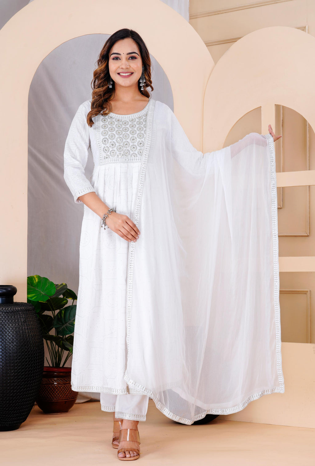 Elegant White & Silver Embroidered Anarkali Set with Floral Print