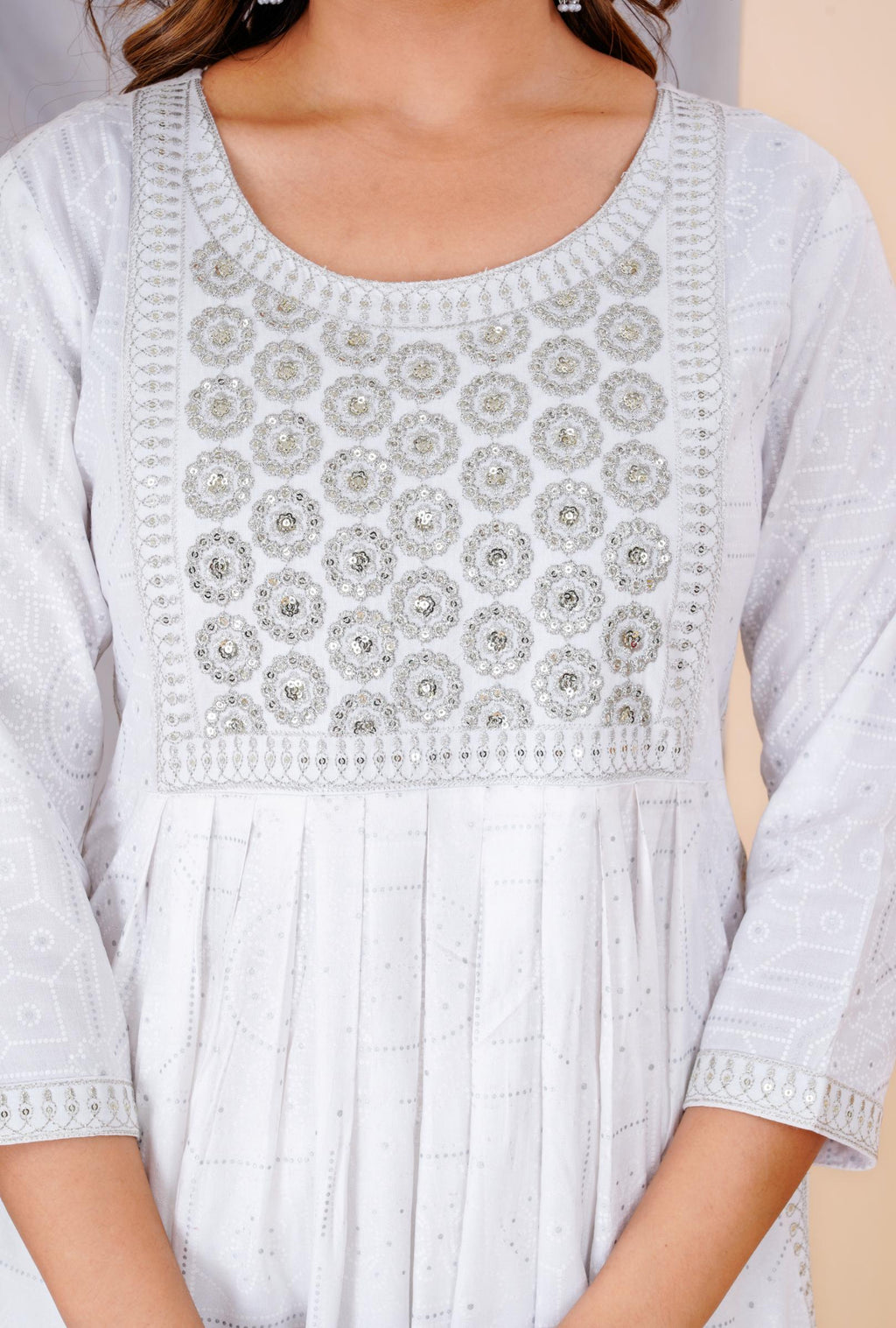 Elegant White & Silver Embroidered Anarkali Set with Floral Print