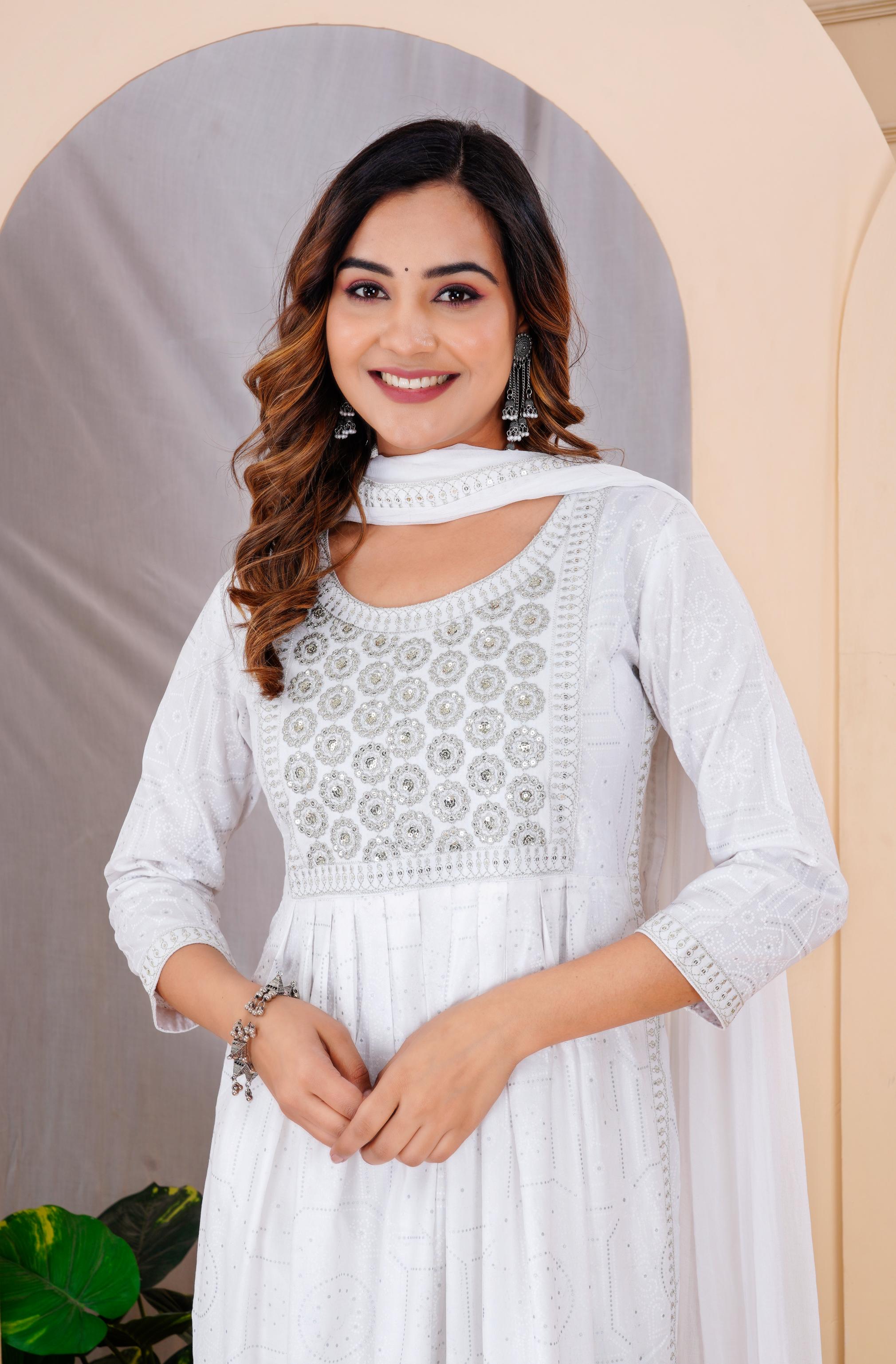 Elegant White & Silver Embroidered Anarkali Set with Floral Print