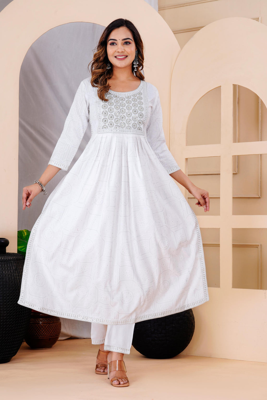 Elegant White & Silver Embroidered Anarkali Set with Floral Print