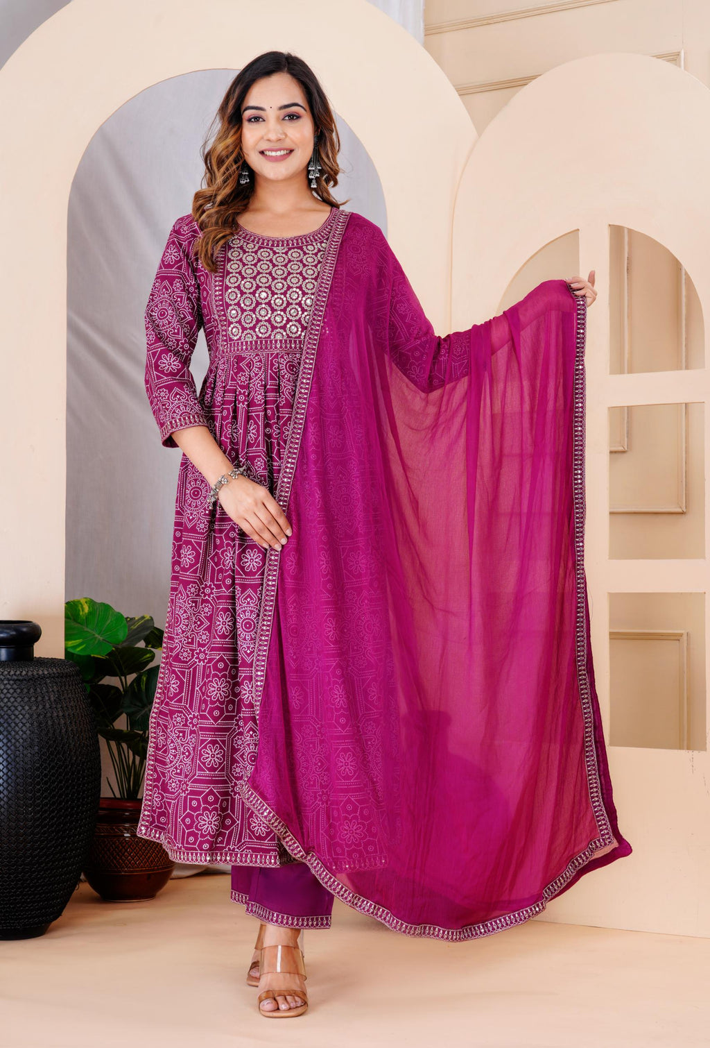 Elegant Wine & Silver Embroidered Anarkali Set with Floral Print