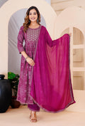 Elegant Wine & Silver Embroidered Anarkali Set with Floral Print