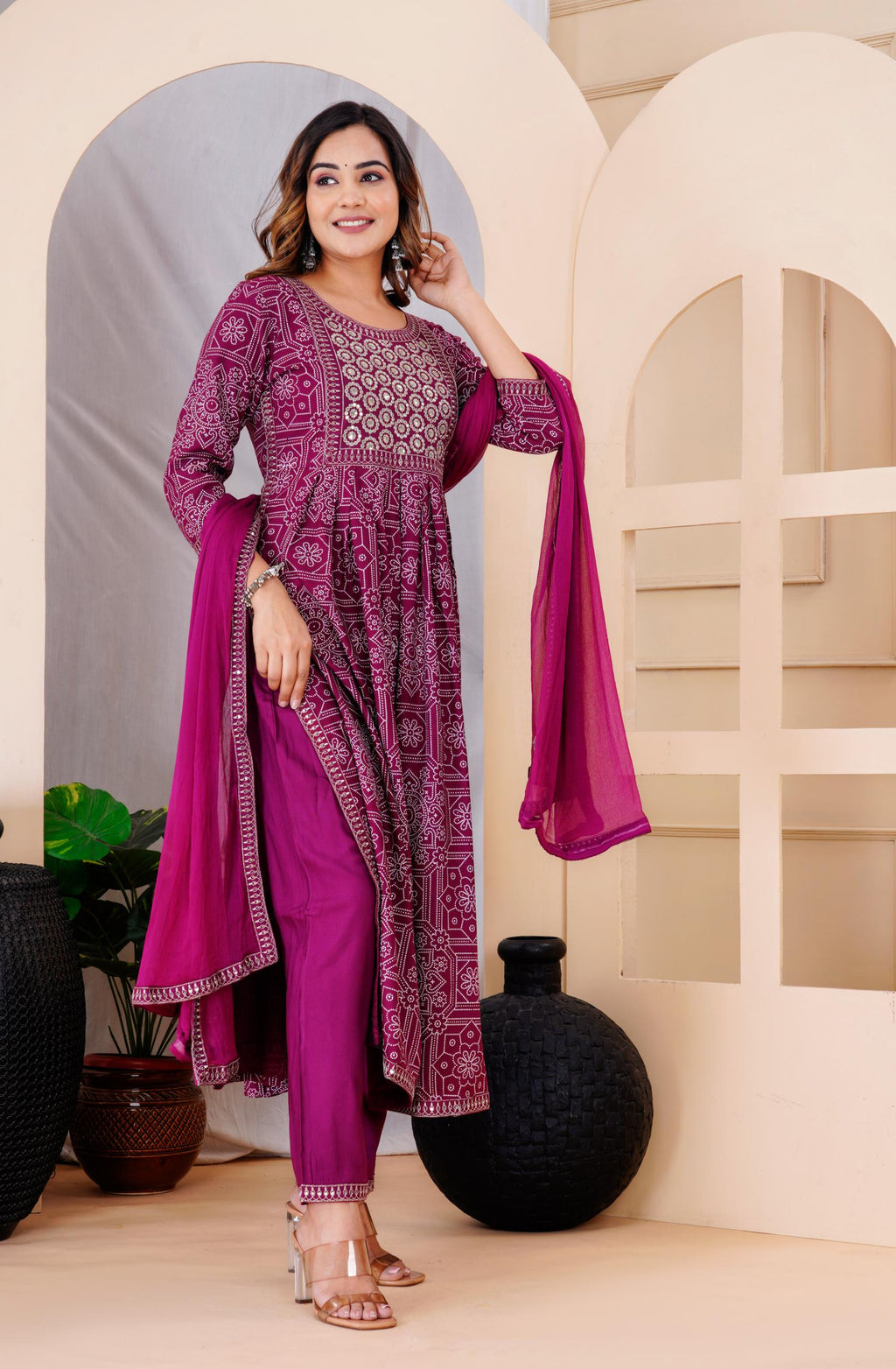 Elegant Wine & Silver Embroidered Anarkali Set with Floral Print