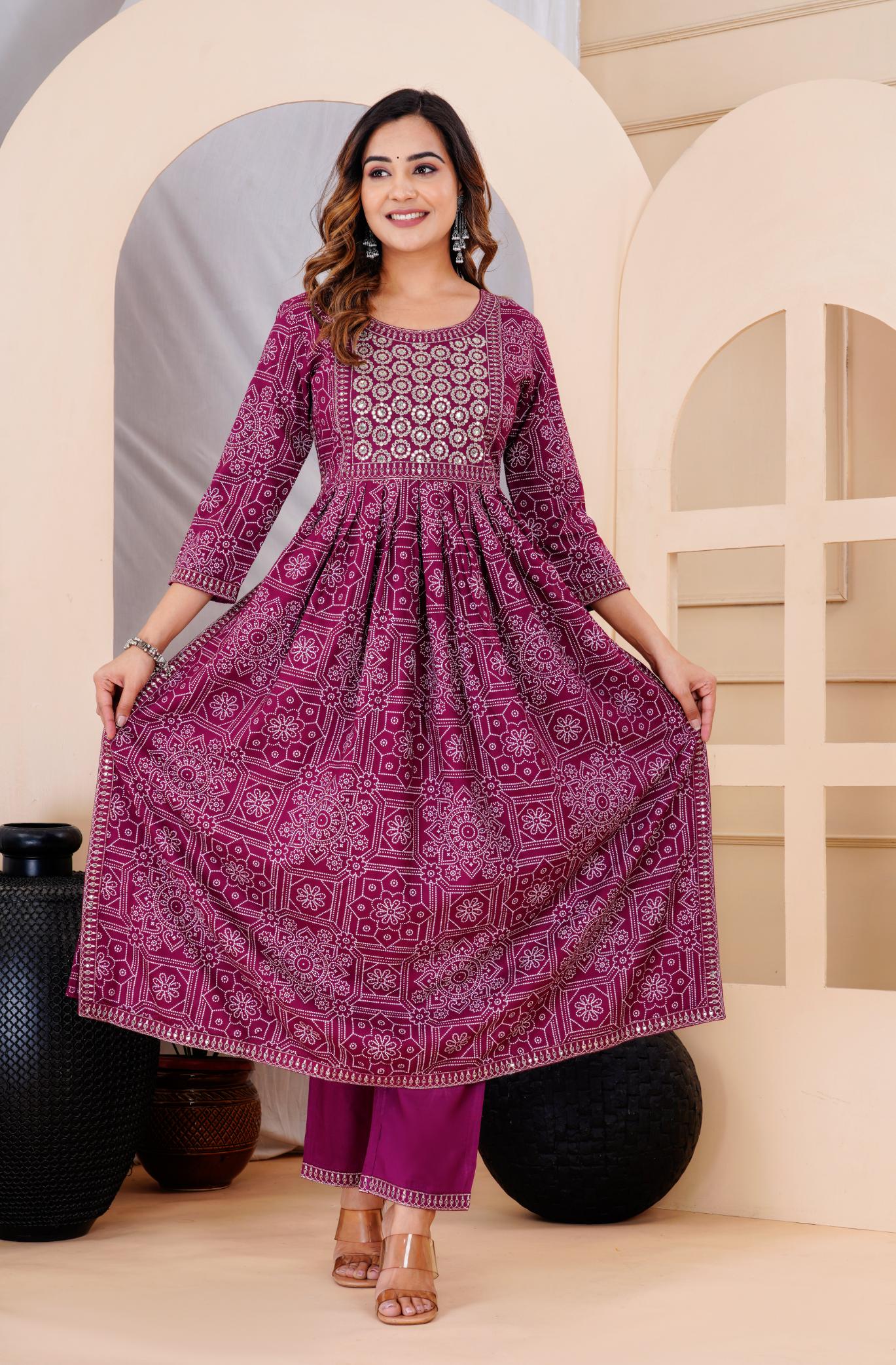 Elegant Wine & Silver Embroidered Anarkali Set with Floral Print