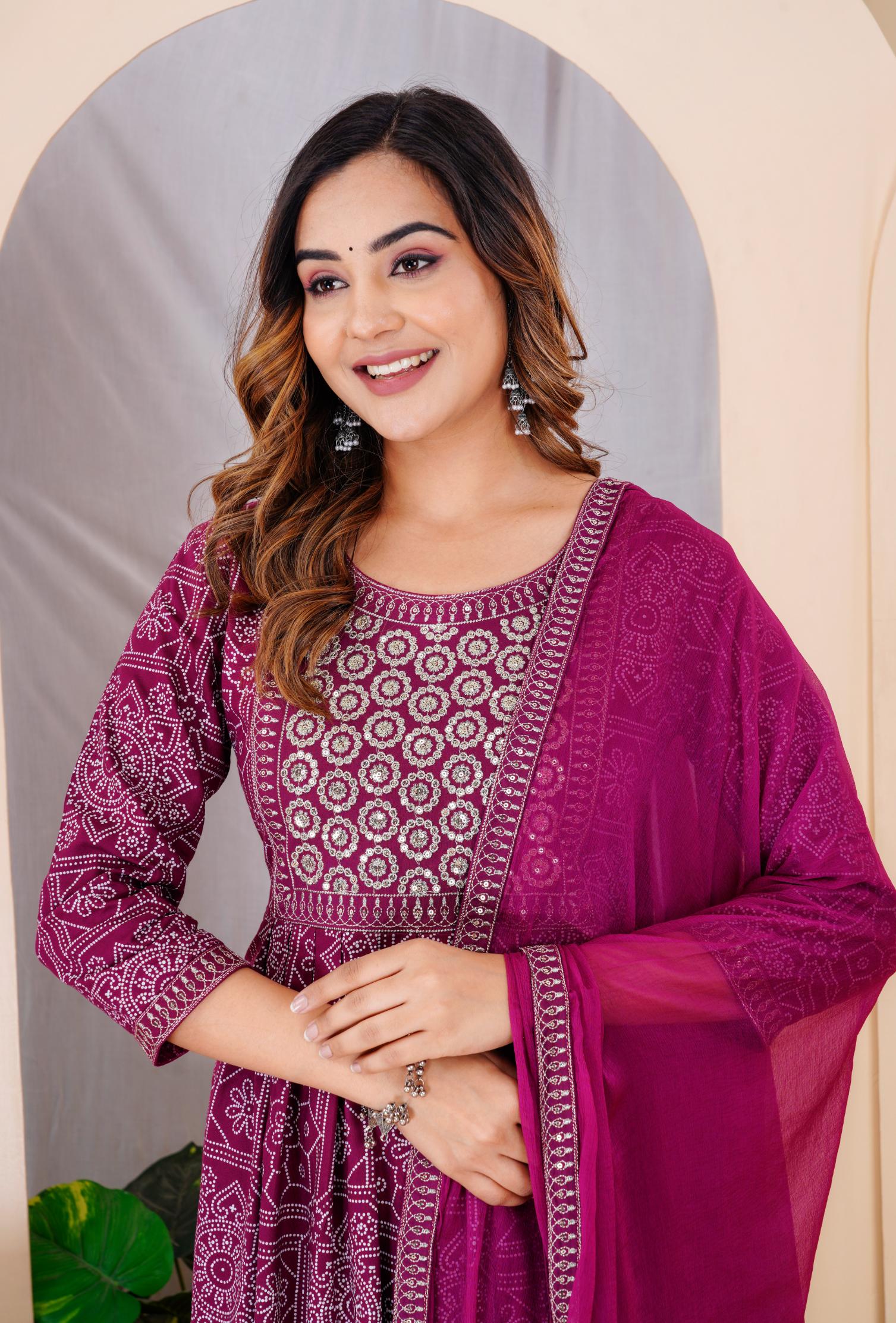 Elegant Wine & Silver Embroidered Anarkali Set with Floral Print