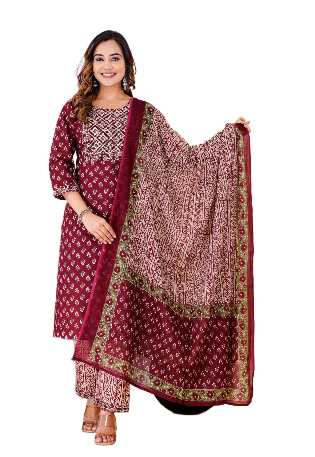 Traditional Maroon Floral Printed Kurta Set with Contrasting Dupatta